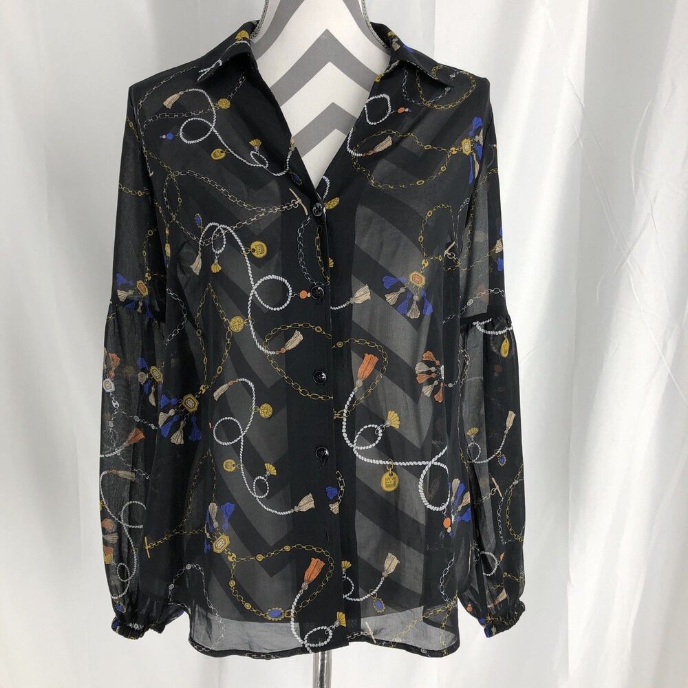 Cabi Jewelry & Tassel blouse sheer light weight high neck button size S